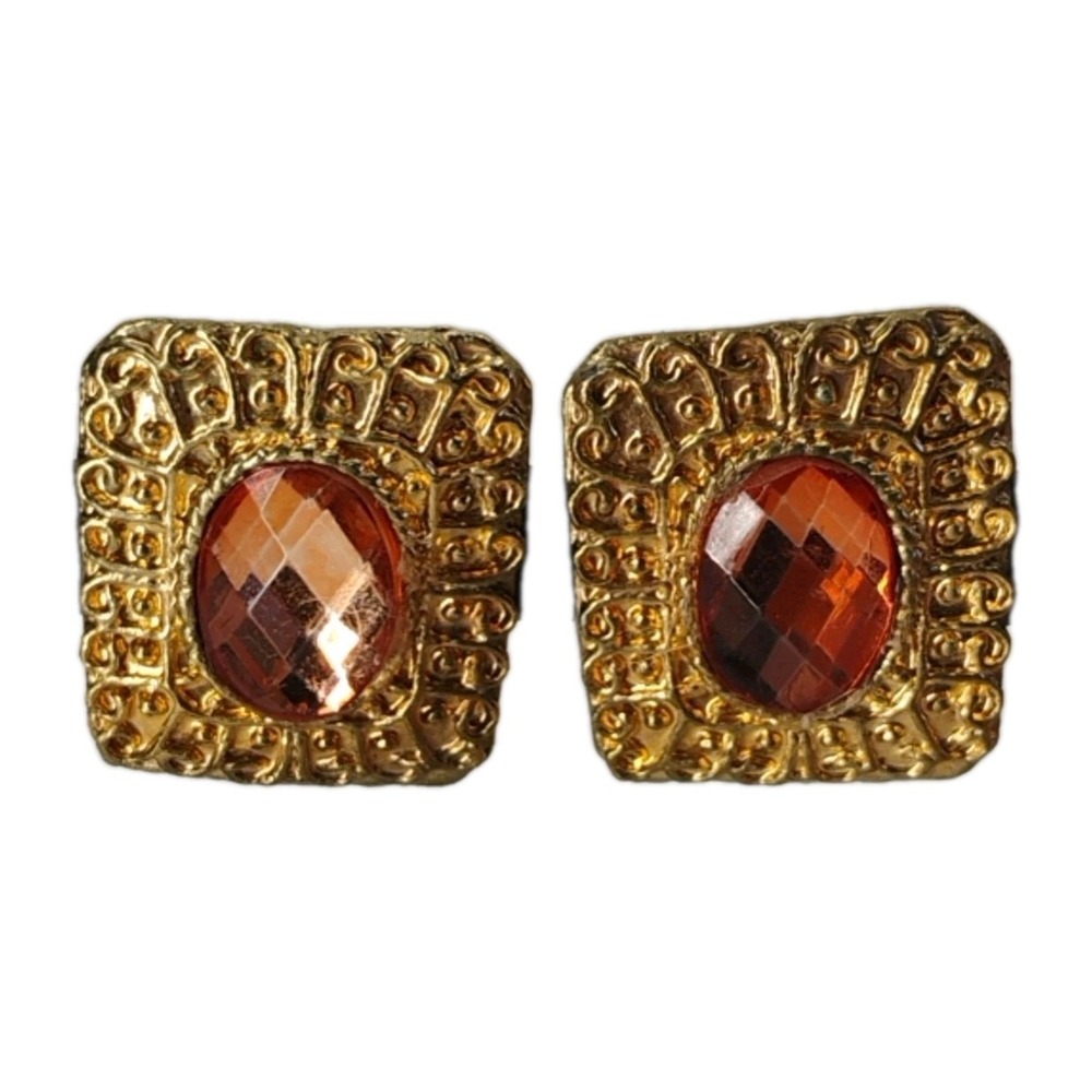 Vintage Clip On Earrings Amber Topaz‎ Cabochon Gold Tone Ornate Square